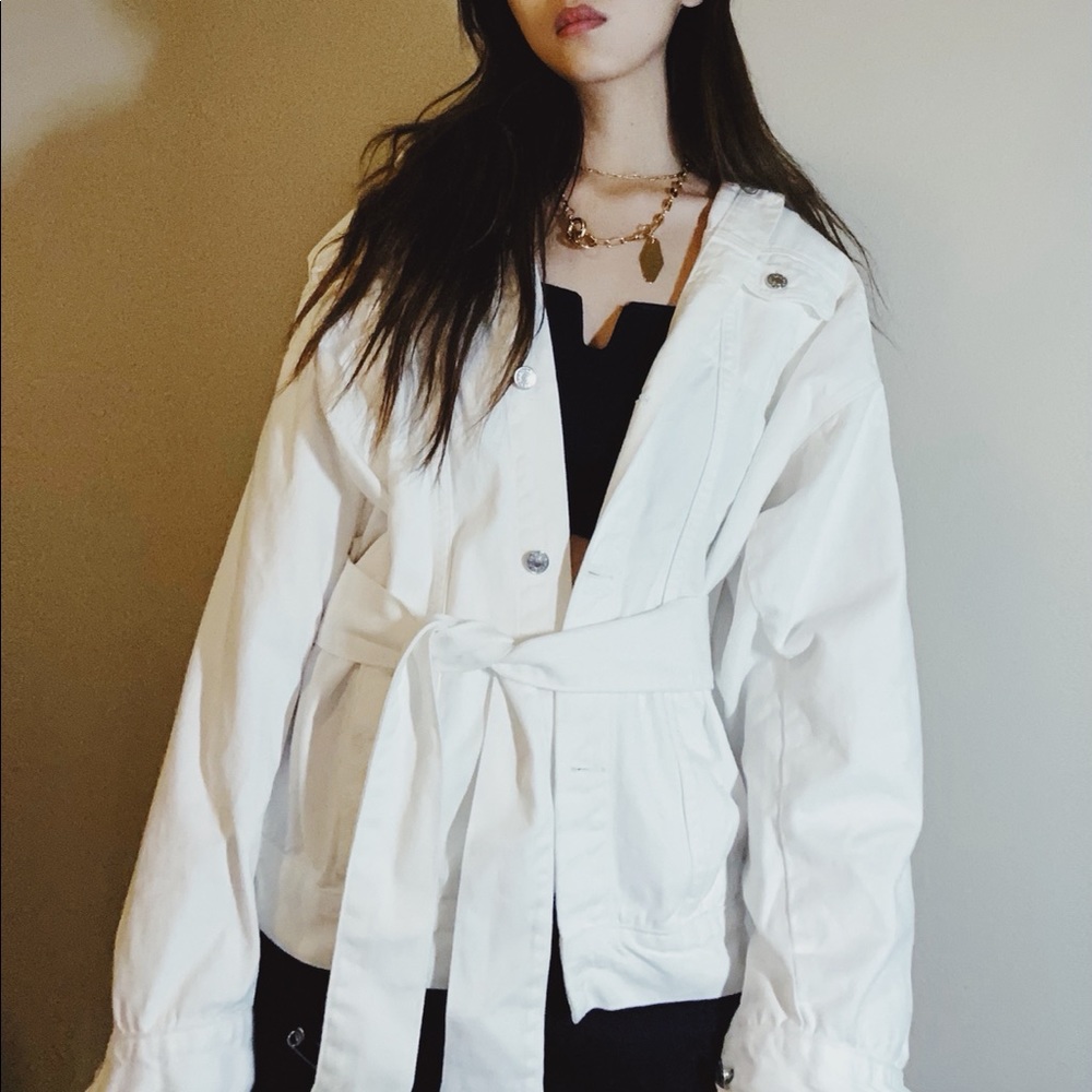 White oversized denim jacket with belt